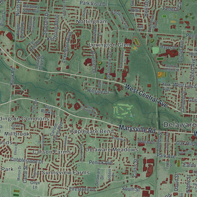 Close-up of the map of Delaware, Ohio print showing street and building detail