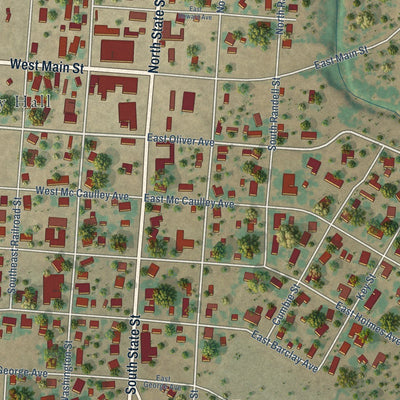 Close-up of the map of Bronte, Texas print showing street and building detail
