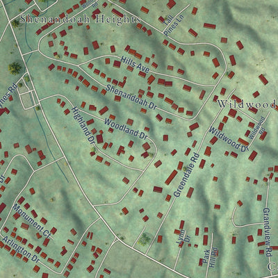 Close-up of the map of Pine Crest, Tennessee print showing street and building detail