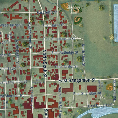 Close-up of the map of Petersburg, Illinois print showing street and building detail