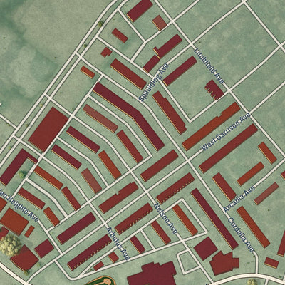 Close-up of the map of Langston Hughes, Maryland print showing street and building detail