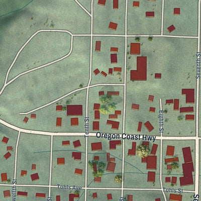 Close-up of the map of Nehalem, Oregon print showing street and building detail
