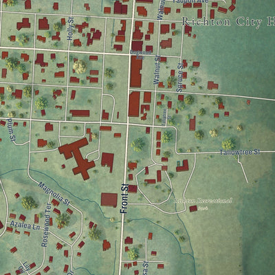 Close-up of the map of Richton, Mississippi print showing street and building detail