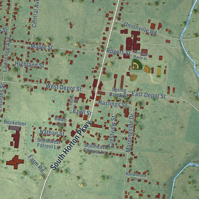Close-up of the map of Chapel Hill, Tennessee print showing street and building detail