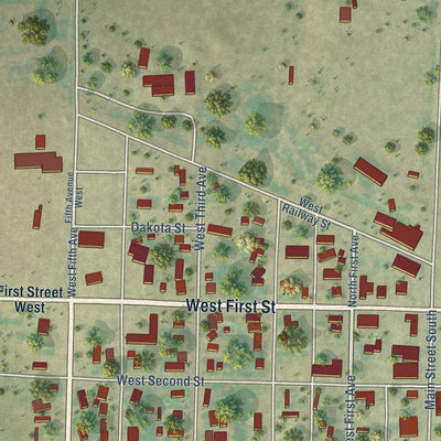 Close-up of the map of Faith, South Dakota print showing street and building detail