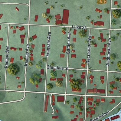 Close-up of the map of Rockaway Beach, Missouri print showing street and building detail