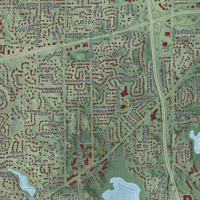 Close-up of the map of Minnetonka, Minnesota print showing street and building detail