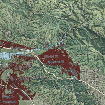 Close-up of the map of Los Angeles, California print showing street and building detail