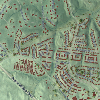 Close-up of the map of Potomac Mills, Virginia print showing street and building detail