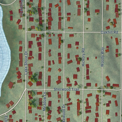 Close-up of the map of Oakwood Hills, Illinois print showing street and building detail