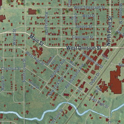 Close-up of the map of Dowagiac, Michigan print showing street and building detail