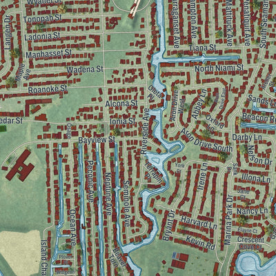 Close-up of the map of Seaford, New York print showing street and building detail