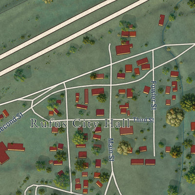 Close-up of the map of Rufus, Oregon print showing street and building detail