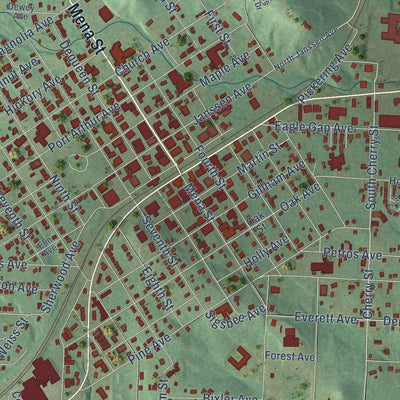 Close-up of the map of Mena, Arkansas print showing street and building detail