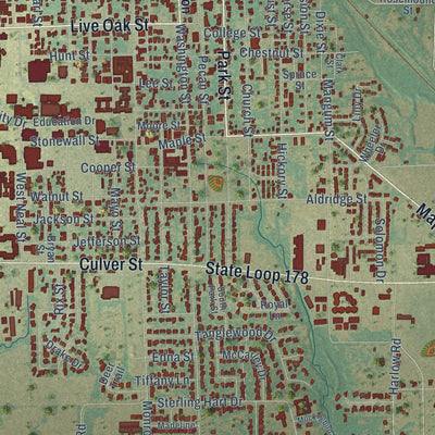 Close-up of the map of Commerce, Texas print showing street and building detail