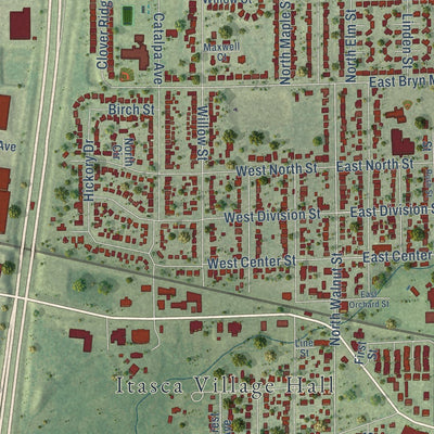 Close-up of the map of Itasca, Illinois print showing street and building detail