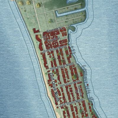 Close-up of the map of Bradenton Beach, Florida print showing street and building detail
