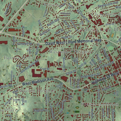 Close-up of the map of Athens, Tennessee print showing street and building detail