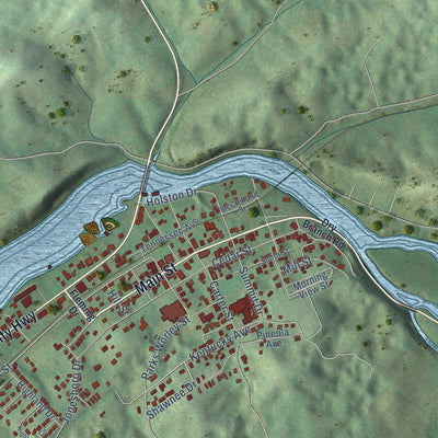 Close-up of the map of Bluff City, Tennessee print showing street and building detail