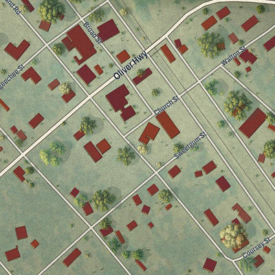 Close-up of the map of Newington, Georgia print showing street and building detail