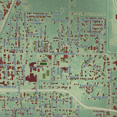 Close-up of the map of Oakdale, Louisiana print showing street and building detail