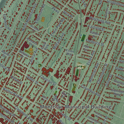 Close-up of the map of Montclair, New Jersey print showing street and building detail