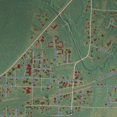 Close-up of the map of Merryville, Louisiana print showing street and building detail