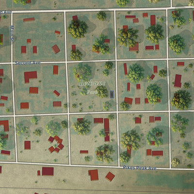 Close-up of the map of Bethune, Colorado print showing street and building detail