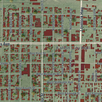 Close-up of the map of Fallon, Nevada print showing street and building detail