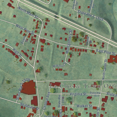 Close-up of the map of La Crosse, Virginia print showing street and building detail