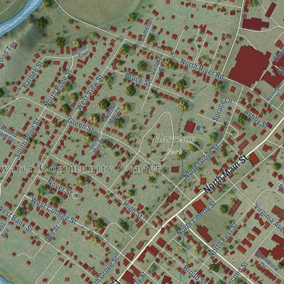 Close-up of the map of Bridgewater, Virginia print showing street and building detail