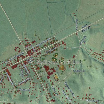 Close-up of the map of Sulligent, Alabama print showing street and building detail