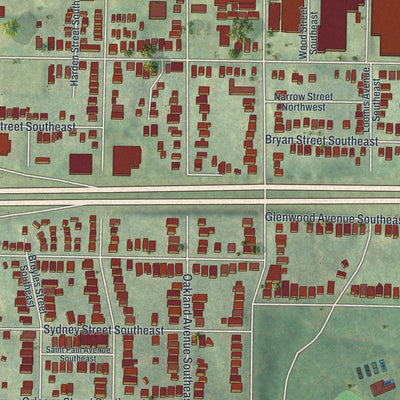 Close-up of the map of Grant Park, Georgia print showing street and building detail
