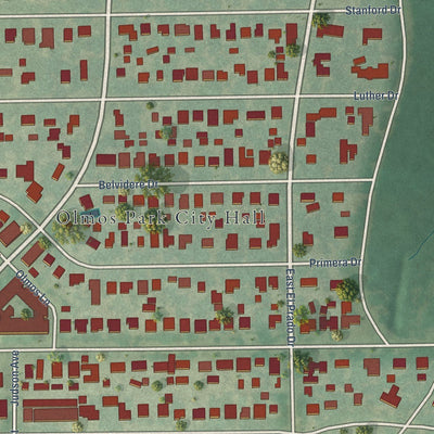 Close-up of the map of Olmos Park, Texas print showing street and building detail