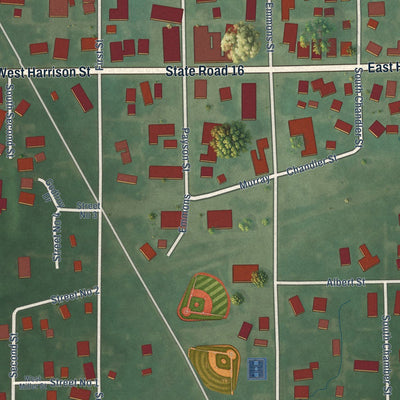 Close-up of the map of Denver, Indiana print showing street and building detail