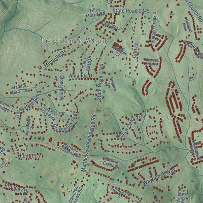 Close-up of the map of Weddington, North Carolina print showing street and building detail