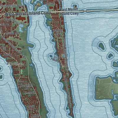 Close-up of the map of Merritt Island, Florida print showing street and building detail