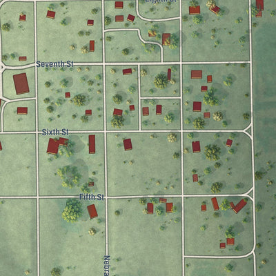 Close-up of the map of Bloomington, Nebraska print showing street and building detail