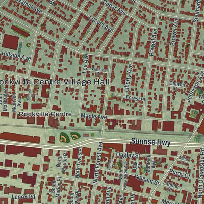 Close-up of the map of Rockville Centre, New York print showing street and building detail