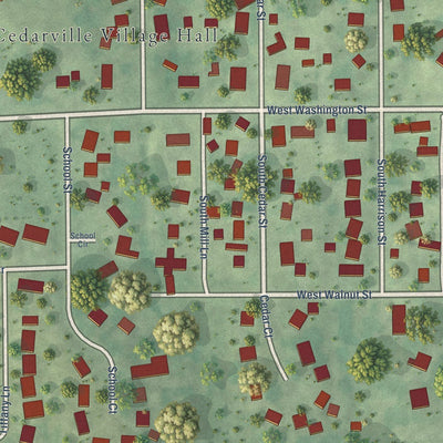 Close-up of the map of Cedarville, Illinois print showing street and building detail