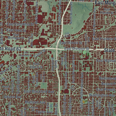 Close-up of the map of Evansville, Indiana print showing street and building detail