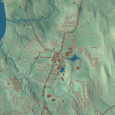Close-up of the map of South Hadley, Massachusetts print showing streets and neighborhoods