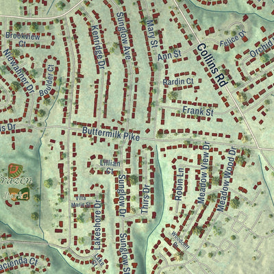 Close-up of the map of Villa Hills, Kentucky print showing street and building detail