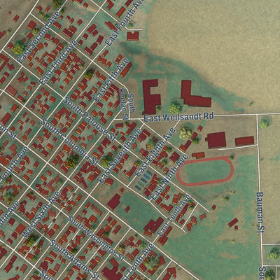 Close-up of the map of Ritzville, Washington print showing street and building detail