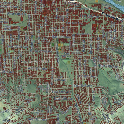 Close-up of the map of Eugene, Oregon print showing street and building detail