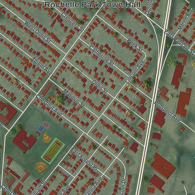 Close-up of the map of Rochelle Park, New Jersey print showing street and building detail