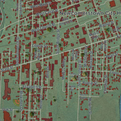 Close-up of the map of Newcomerstown, Ohio print showing street and building detail