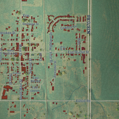 Close-up of the map of Waukomis, Oklahoma print showing street and building detail