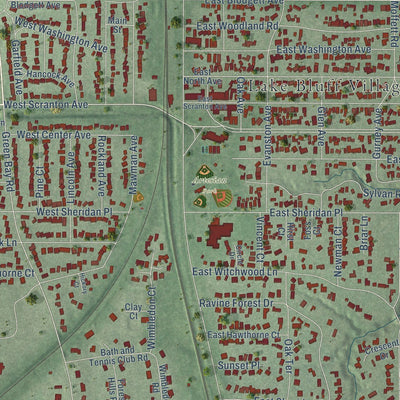 Close-up of the map of Lake Bluff, Illinois print showing street and building detail