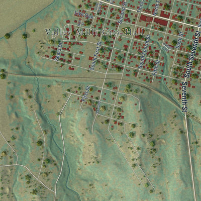 Close-up of the map of Valley Mills, Texas print showing street and building detail